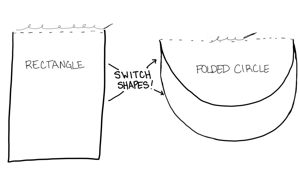 An illustration showing a rectangle veil on the left side and a circle veil folded in half on the right side